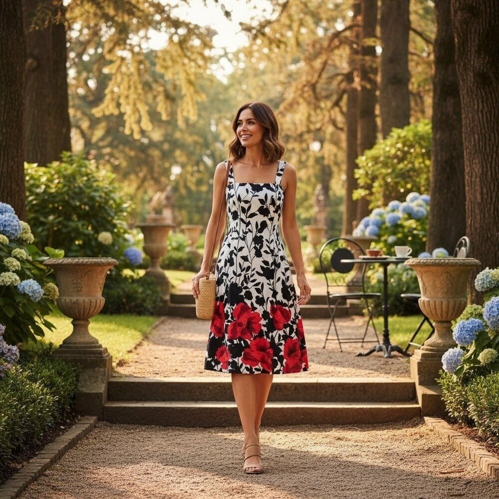 Vintage Jessica Howard Size 10 Black White Red Floral Tea Party Dress - Picture 5 of 7